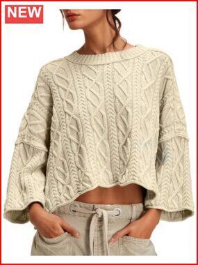Womens Cable Knit Cropped Sweater Oversized Long Sleeve Crew Neck Pullover